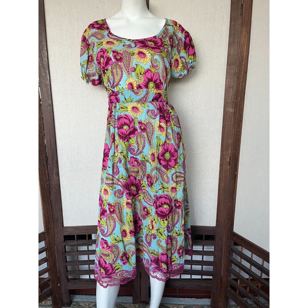 Inner Child Cotton Floral Paisley Dress – Size L – Colorful Boho Fit & Flare